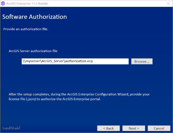 Provide the location for your ArcGIS Server authorization file. Provide the location for your ArcGIS Server authorization file.