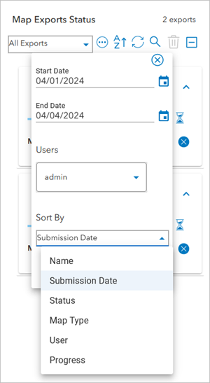Sort By options in the Map Export Status pane Sort By options in the Map Export Status pane
